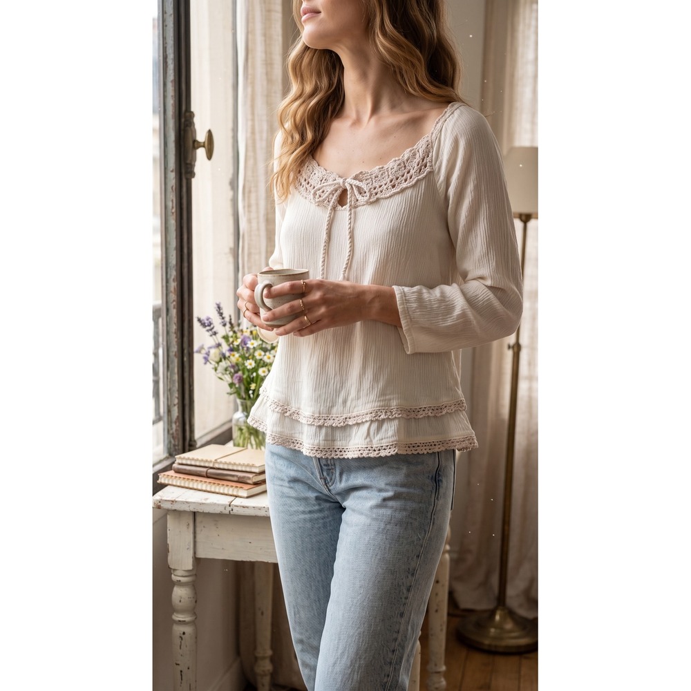 Super B Cream Crochet Lace Trim Gauze Peasant Blouse Top Medium